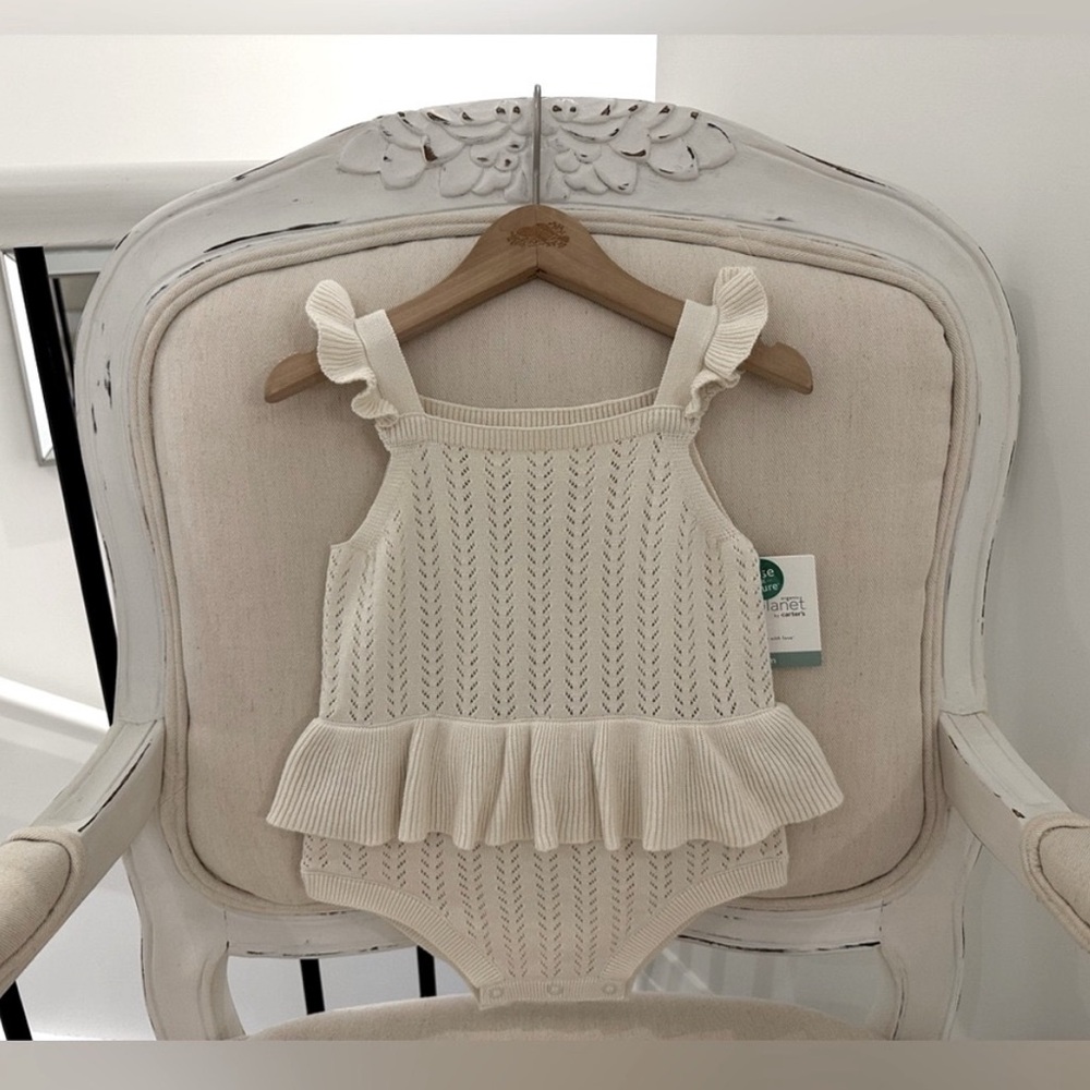 🤍 24 Mth Organic Pointelle Knit Ruffle Ivory Bubble Baby Romper